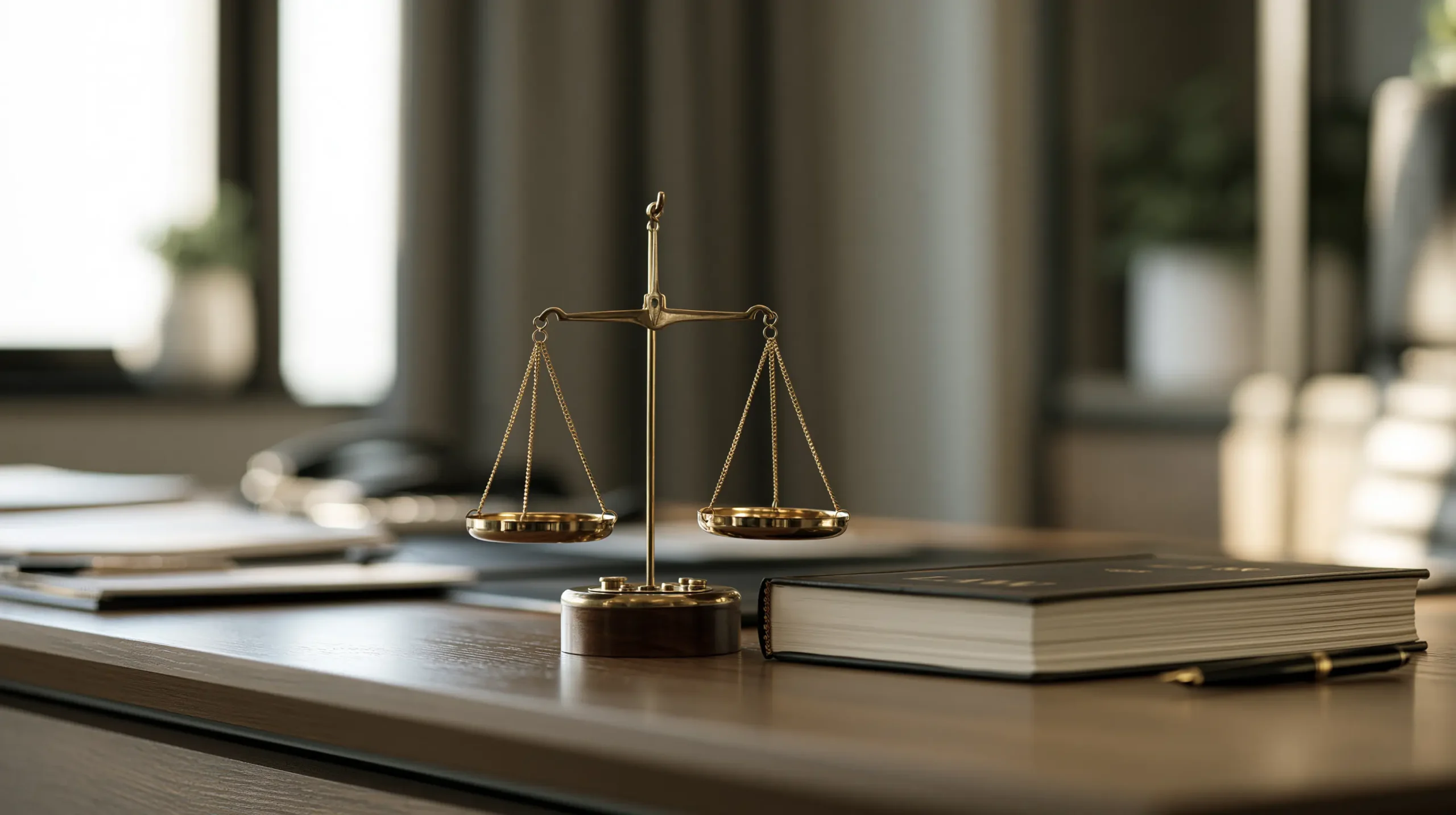Lawyers desk with a small brass scales of justice a closed la 5411a88a 674f 418b 9ca0 95bc4678ad65 0 scaled